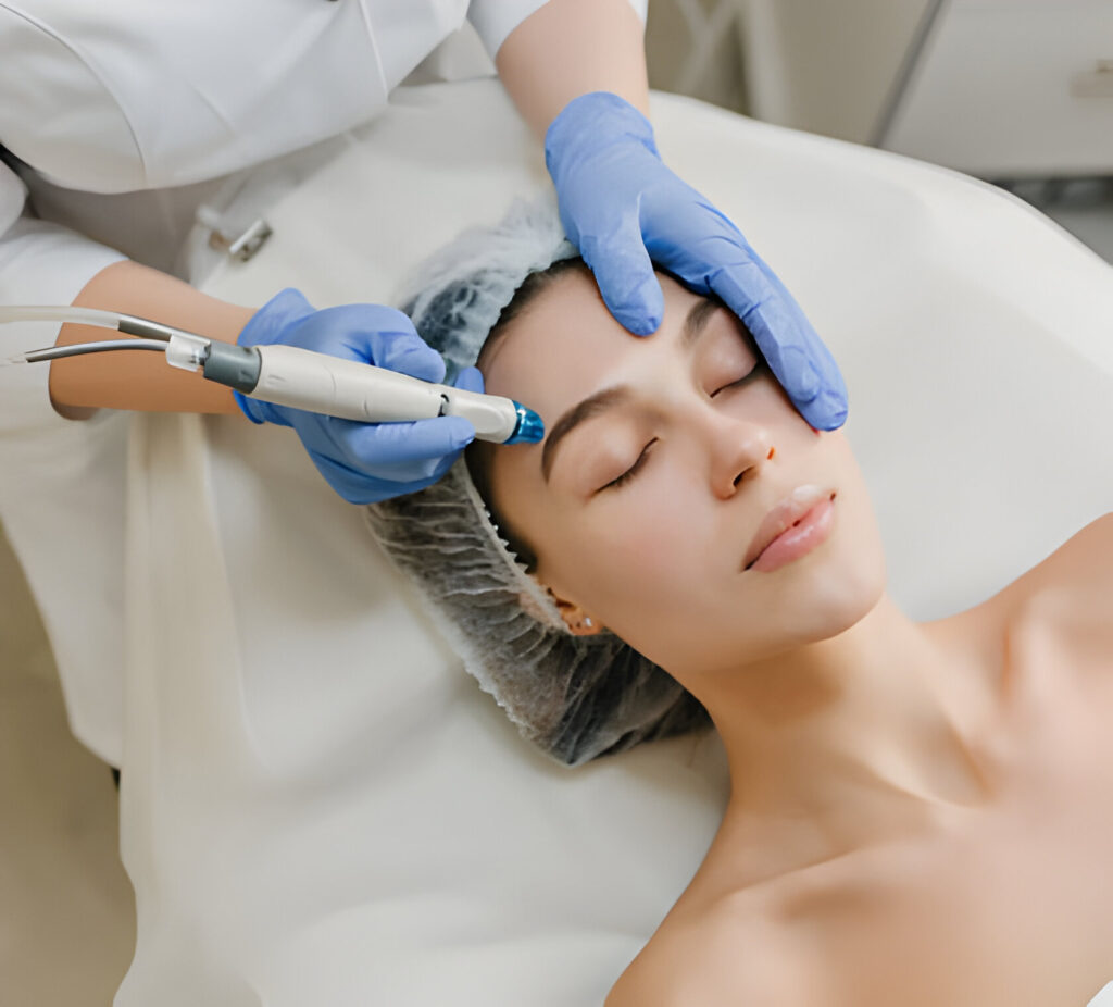 Smiling female patient post-surgery with clear skin and facial symmetry