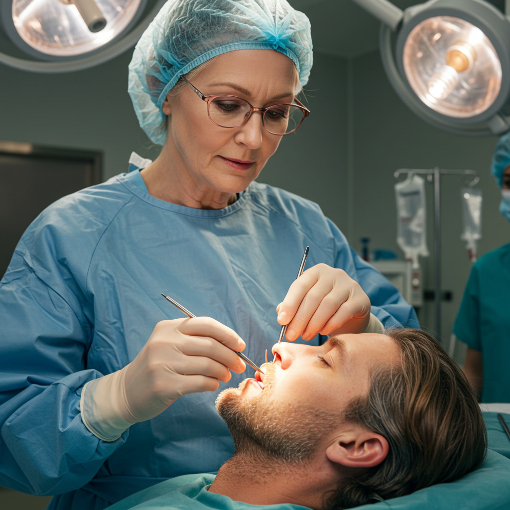 Close-up of a medical professional examining surgical outcomes