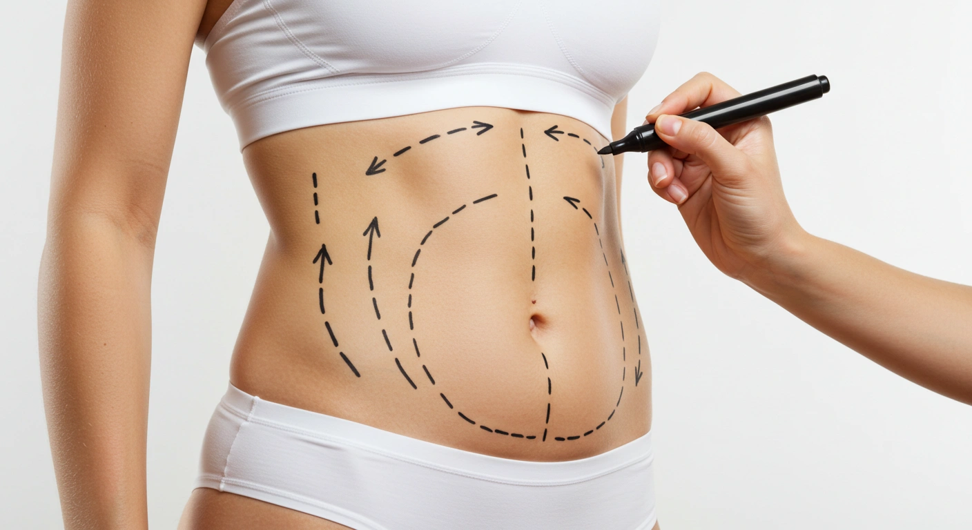 Close-up of a woman's abdomen with black surgical marker lines drawn to outline areas for liposuction surgery.