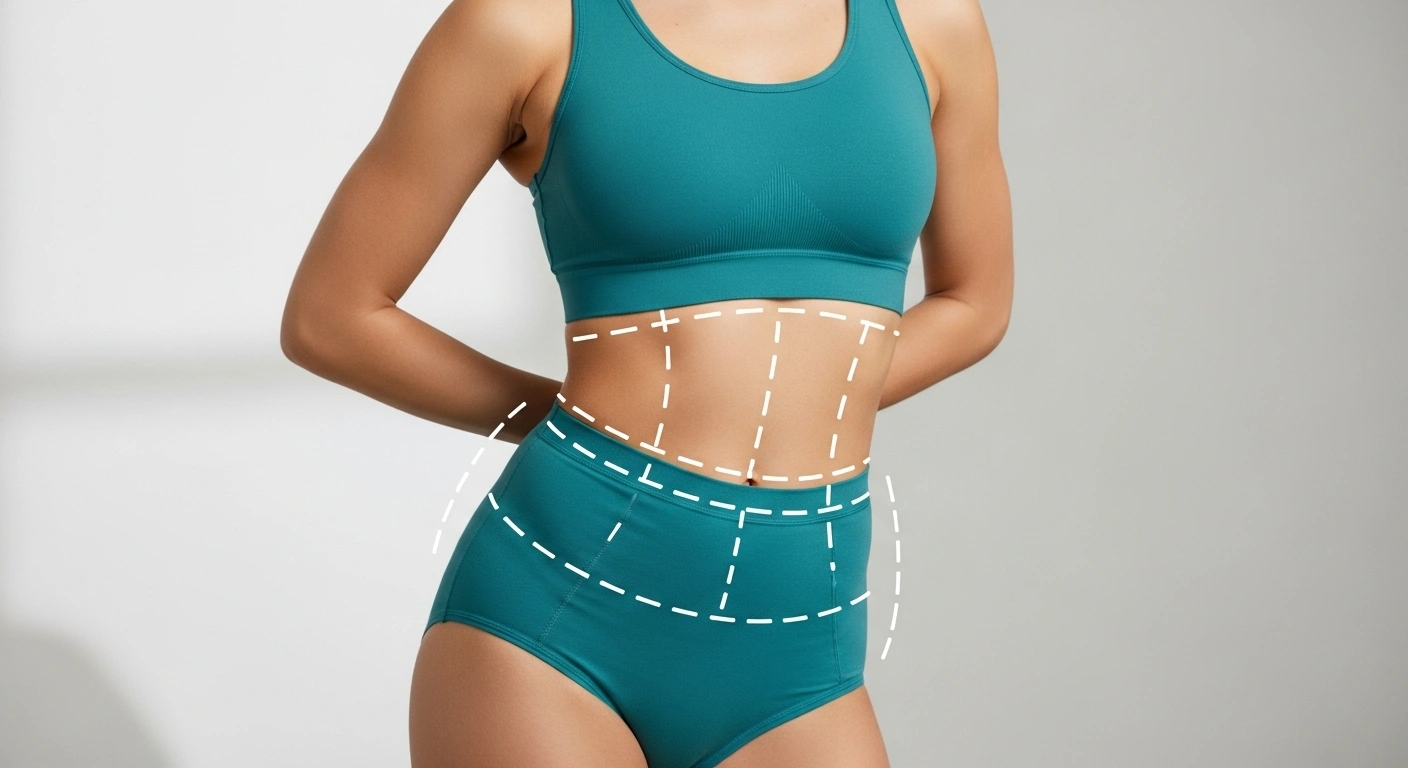 Fit woman wearing teal sports bra and high-waisted shorts with white dashed surgical lines marking liposuction areas on her abdomen and hips.