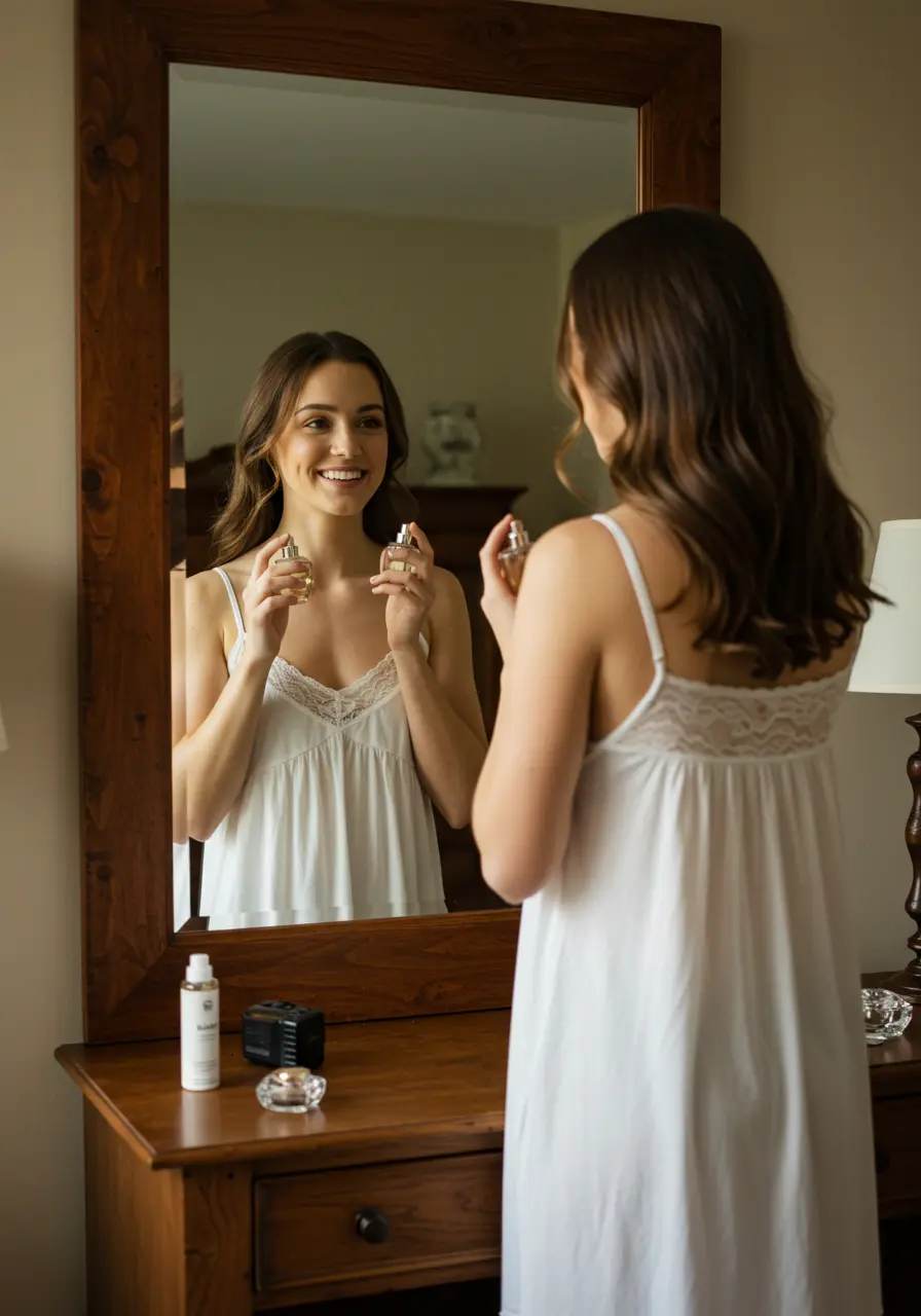 A young woman standing in front of a wooden-framed mirror