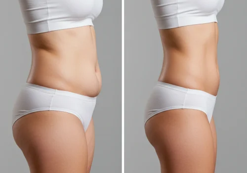 Image_fx (57) Side-by-side comparison of a woman’s abdomen before and after liposuction, showing reduced belly fat and improved contour, both in white underwear.